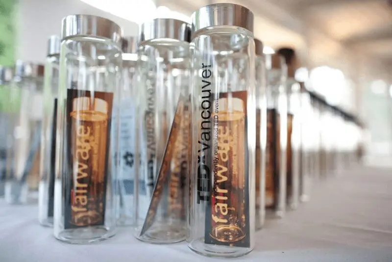 TED X Vancouver branded water bottles.