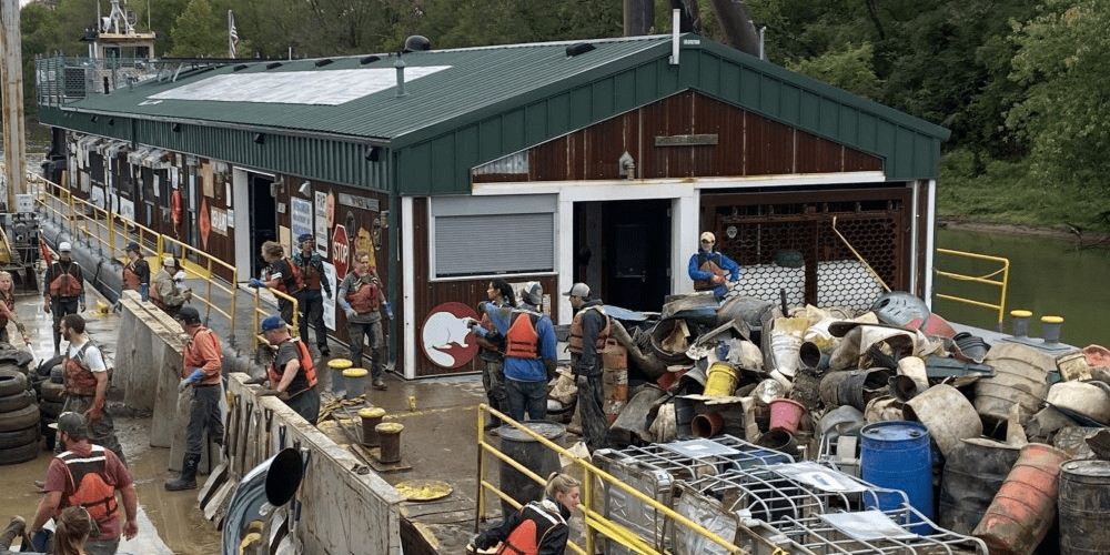 People walking around a dock during The Ohio River Clean Up
