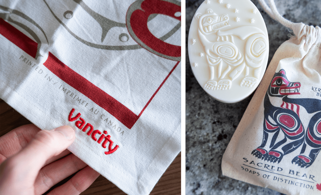 2 Images: The first is a person holding a Vancity branded tea towel with a indigenous art in a red design. The second is an indigenous artwork design carved in to a bar of soap beside a small canvas bag with the same design.