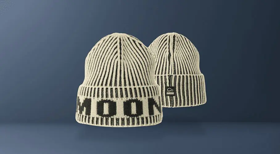 cream and grey stripe beanie with the word mood knitted