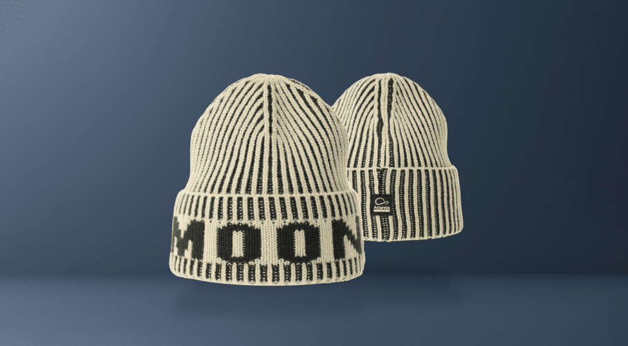 cream and grey stripe beanie with the word mood knitted