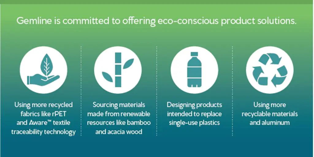 Gemline is committed to off ering eco-conscious product solutions.
Using more recycled
fabrics like rPET
and Aware™ textile
traceability technology

Sourcing materials
made from renewable
resources like bamboo
and acacia wood

Designing products
intended to replace
single-use plastics

Using more
recyclable materials
and aluminum