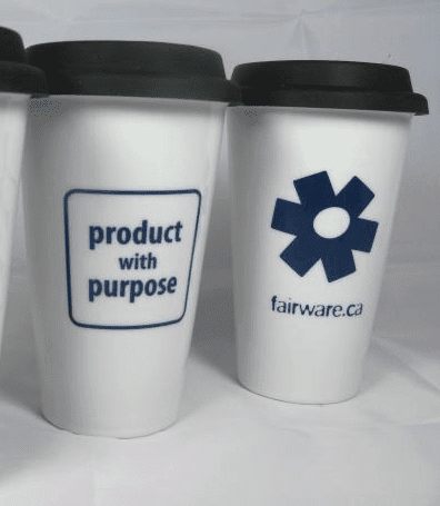 mugs that read "product with purpose" and features fairware's first logo with a cog symbol