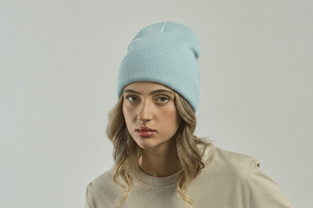 woman wearing a sustainable beanie in light blue