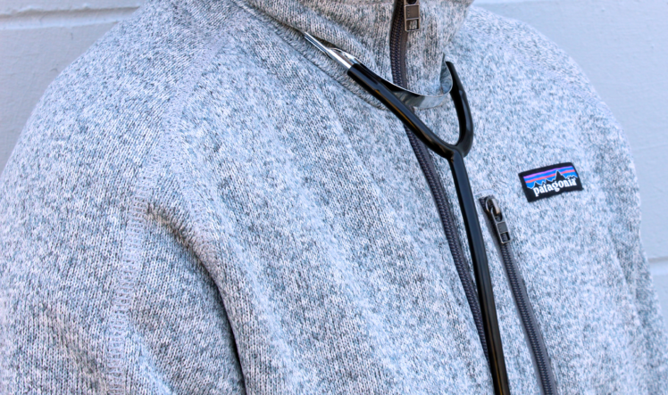 stethoscope and Patagonia grey zip up