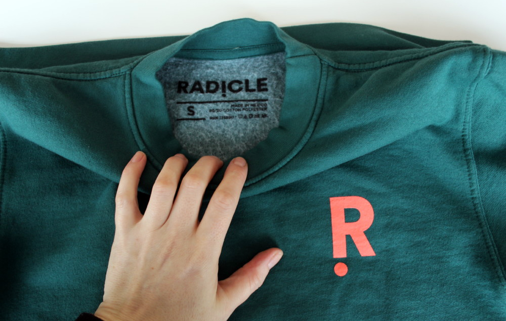 A hand holding the collar of a teal Rad!cle branded crewneck sweater that showcases the private label on the interior reading the Radicle logo and size small and further details on the sweater.