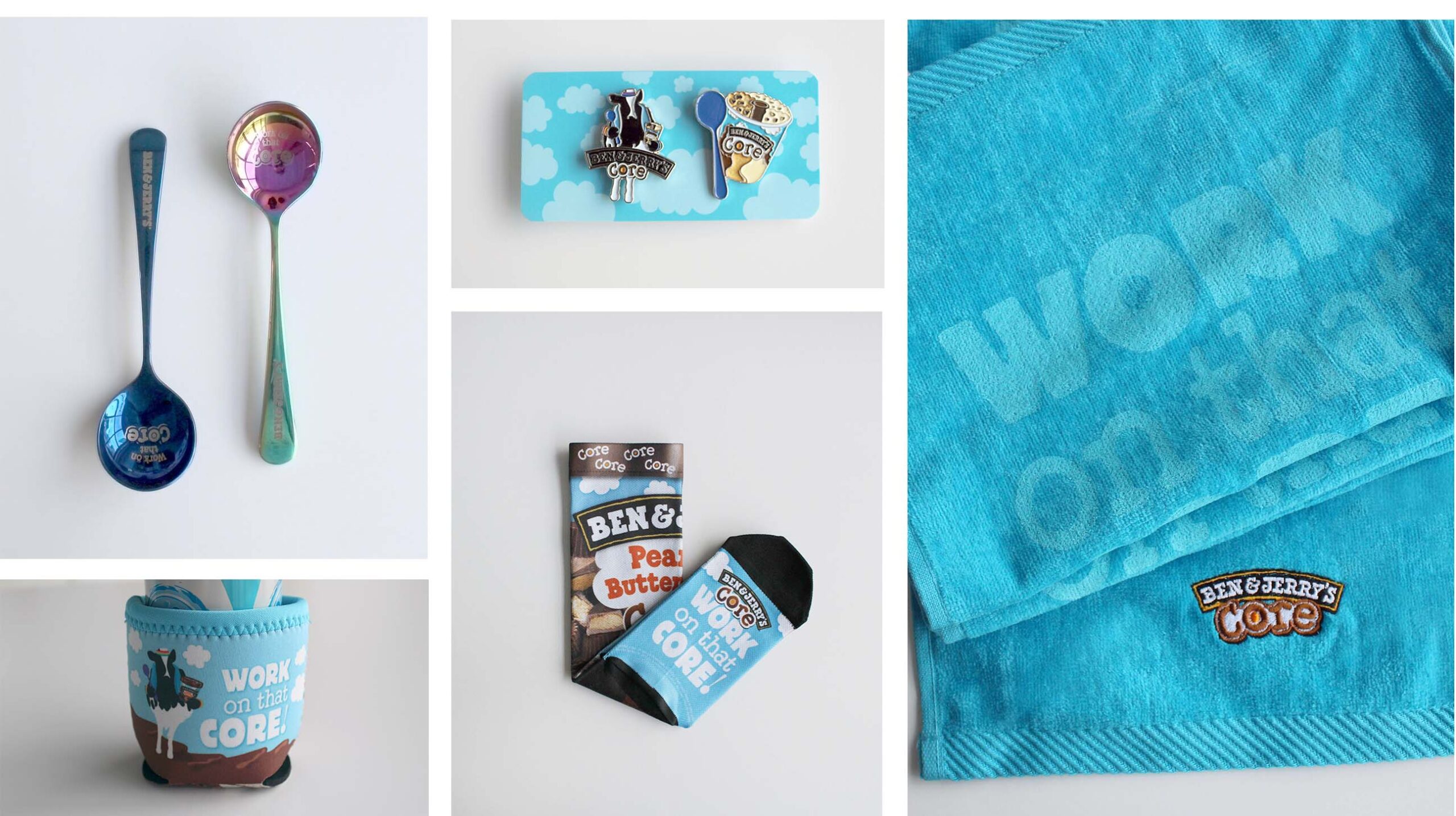 5 images - custom spoons, enamel pins, ice cream koozie, dye-sublimated sock , and imprinted workout towels all with the Ben and Jerry's "work your core" branding.
