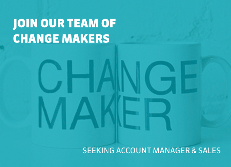 Two mugs together with text 'changemakers' with a blue hue and heading 'Join our team of change makers'
