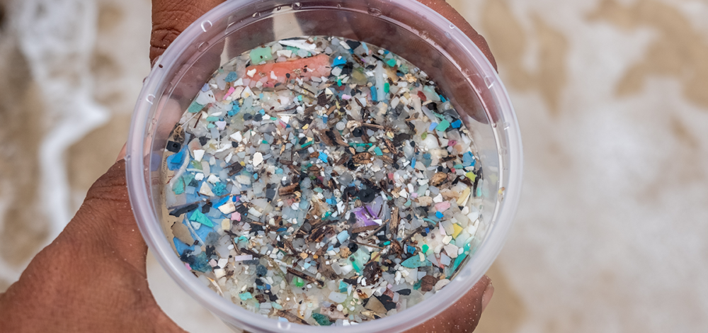 cup of micro plastics at the beach