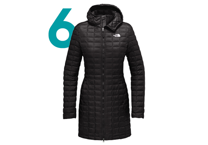 North Face long puffer jacket beside the number 6 