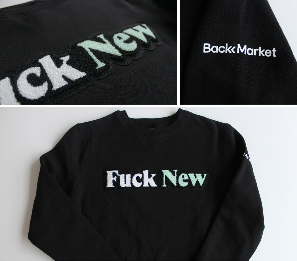 Black crew neck sweatshirt with a chenille patch that reads "Fuck New" and an arm imprint that reads the brands logo "Back Market"