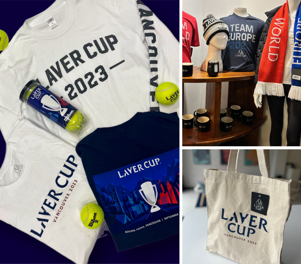 3 images of Laver cup 2023 vancouver branded apparel, mugs, and canvas tote bag