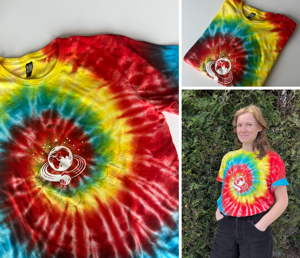 3 image collage of an everywhere apparel tee tie dyed with the Dr.Bronner's logo comprising of an earth stars and two hands clutching each other over an image of lines and circles.