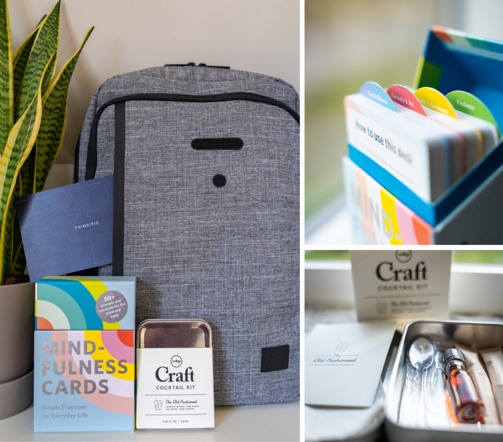 Three Images of a Thiknific branded Hershel bag, a custom post card, mindfulness cards, and a craft cocktail kit.