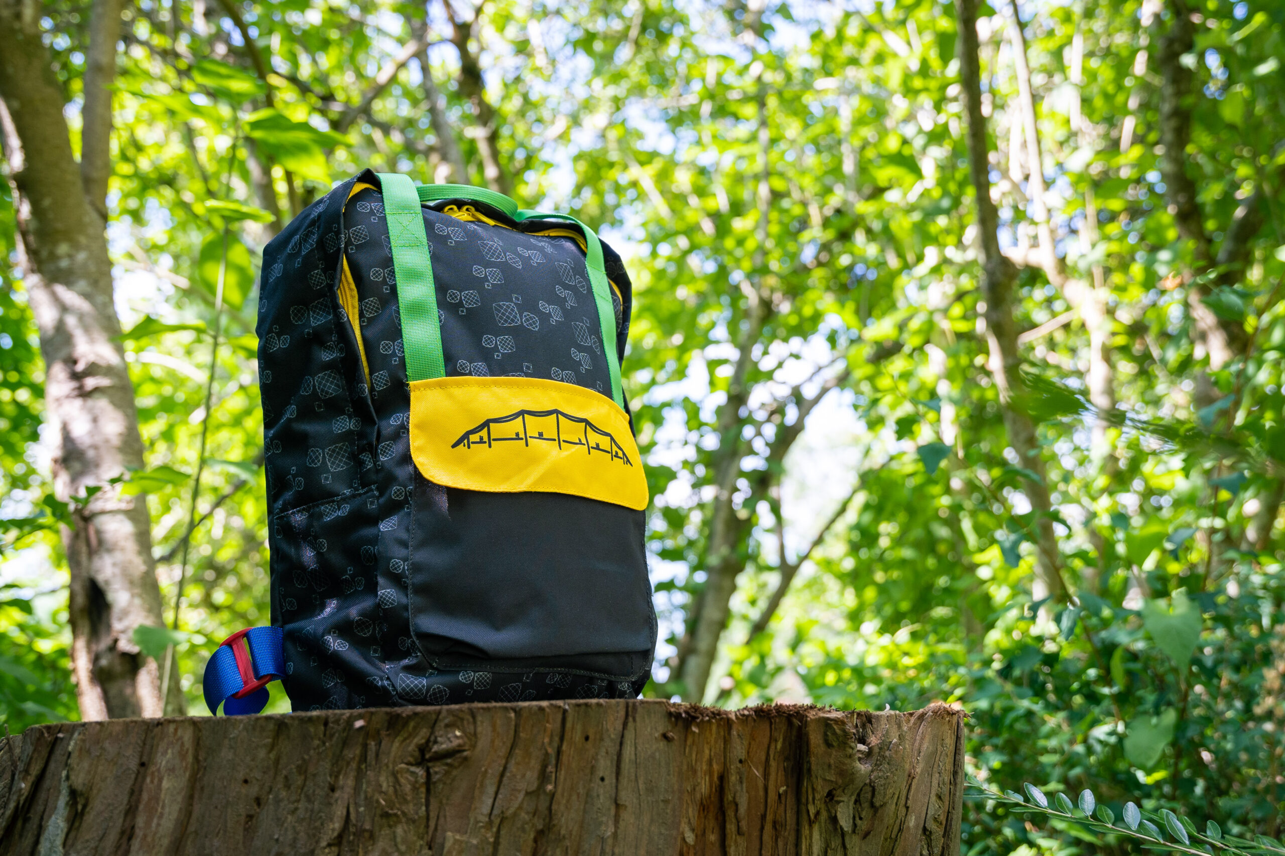 custom backpack sitting on a stump with a forest background.