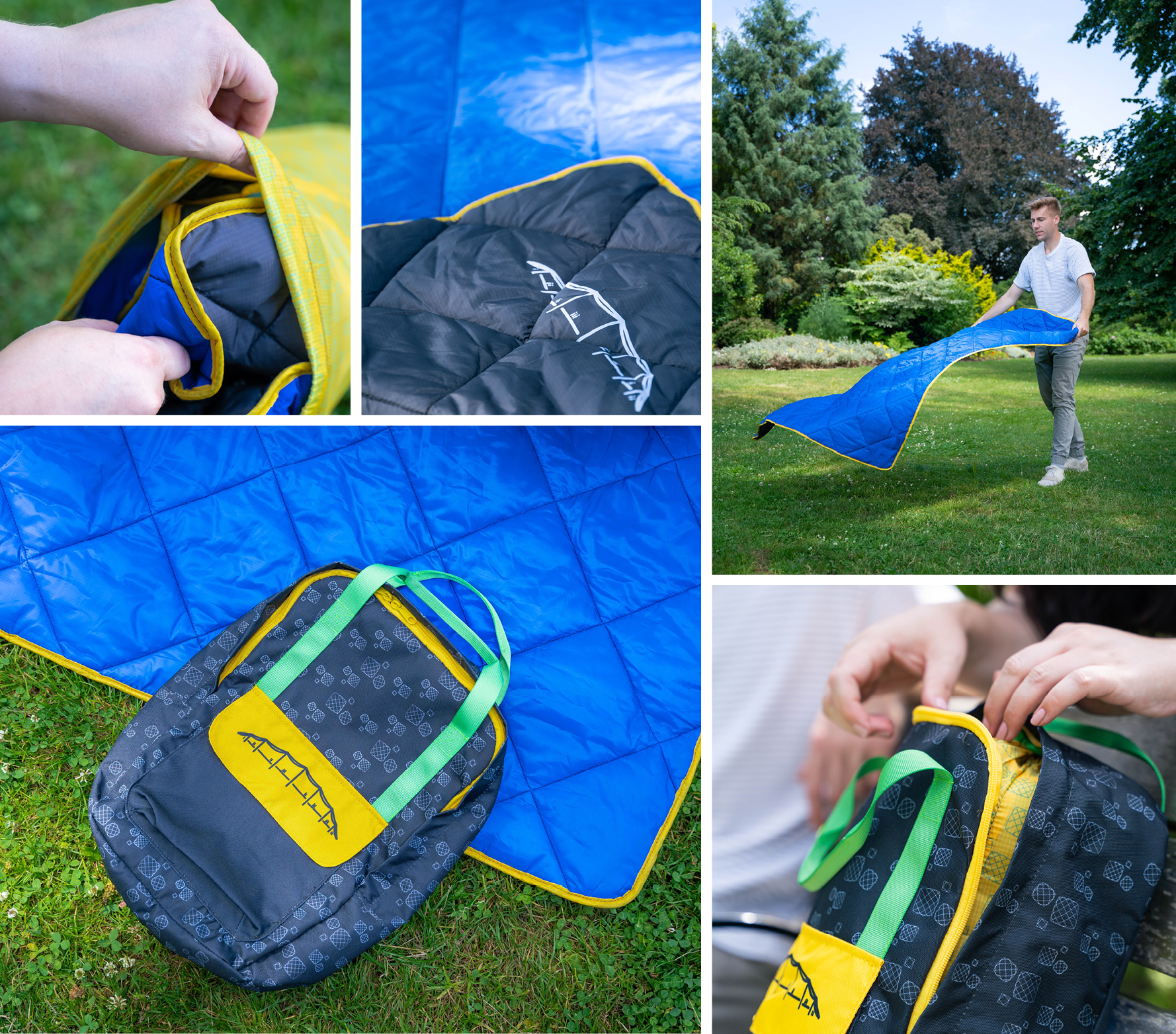 5 images of a packable quilted blanket and a custom backback in the colours of yellow, blue, green and black.