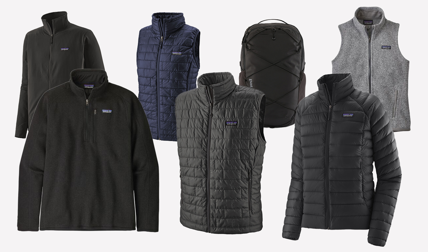 Patagonia jackets, sweaters, vest and a bag