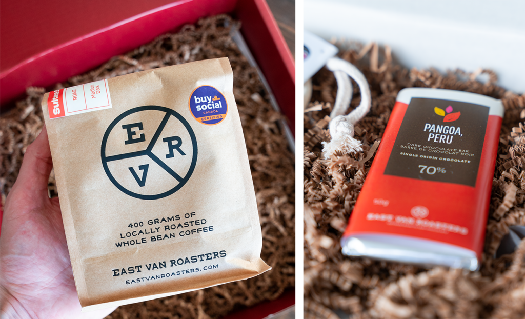 2 images: The first is a person’s hand holding up a bag of EVR coffee. The second is a 70% chocolate bar sitting in a box filled with recylable brown crinkle paper.