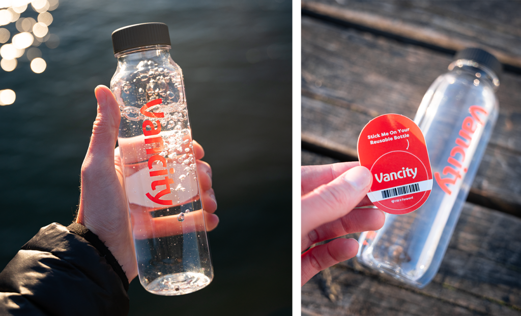 2 images: The first is a person’s hand holding a Vancity water bottle above the ocean. The second is a Vancity water bottle sitting on a wooden boardwalk, with a person’s hand holding up Vancity stickers.