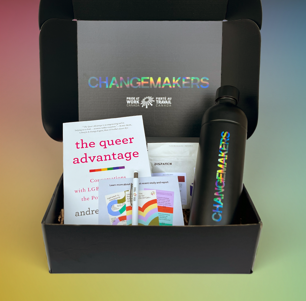 merch kit that includes a pen book water bottle post card and custom box with the words changemakers