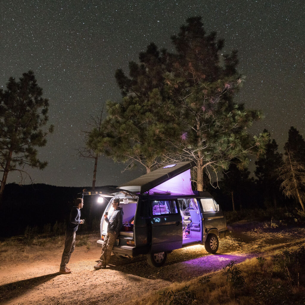 camper van with a solar light at night