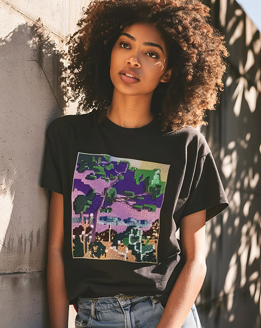 pixelated Graphic Tee. A model wearing a graphic t-shirt with a pixel art desig. High quality photo