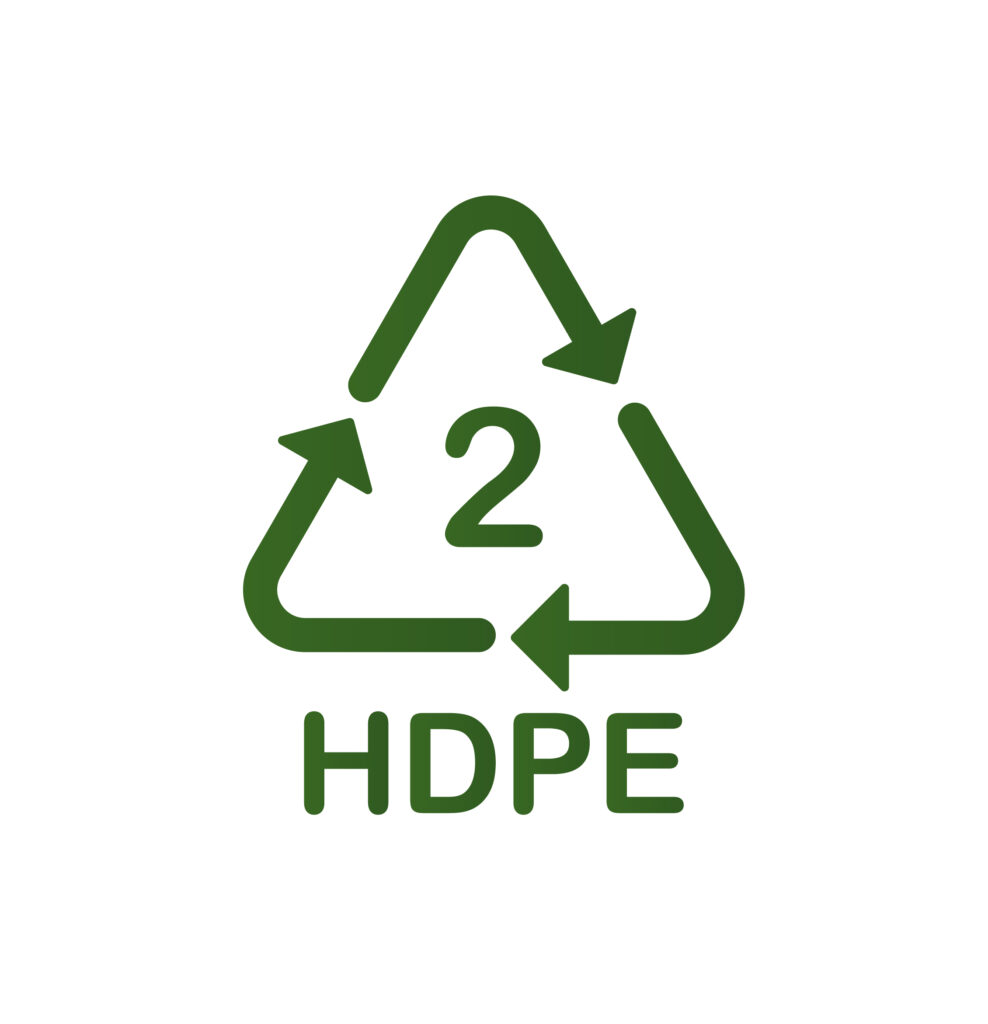 the number two inside a recycle symbol of three green arrows with HDPE written below