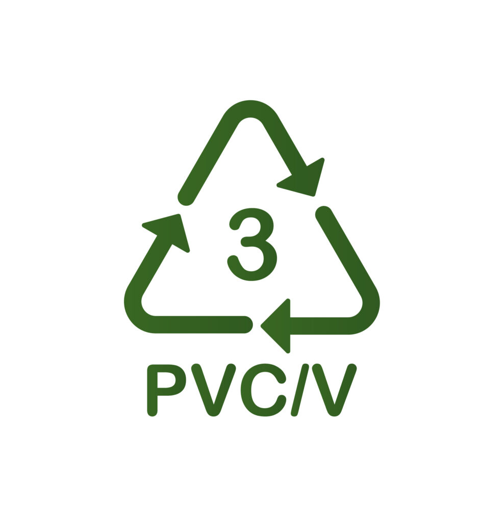 the number tthree inside a recycle symbol of three green arrows with PVC/V written below