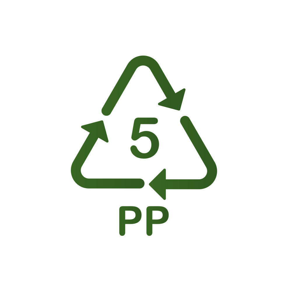 the number five inside a recycle symbol of three green arrows with PP written below