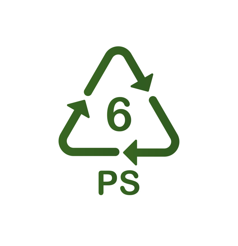 the number six inside a recycle symbol of three green arrows with PS written below