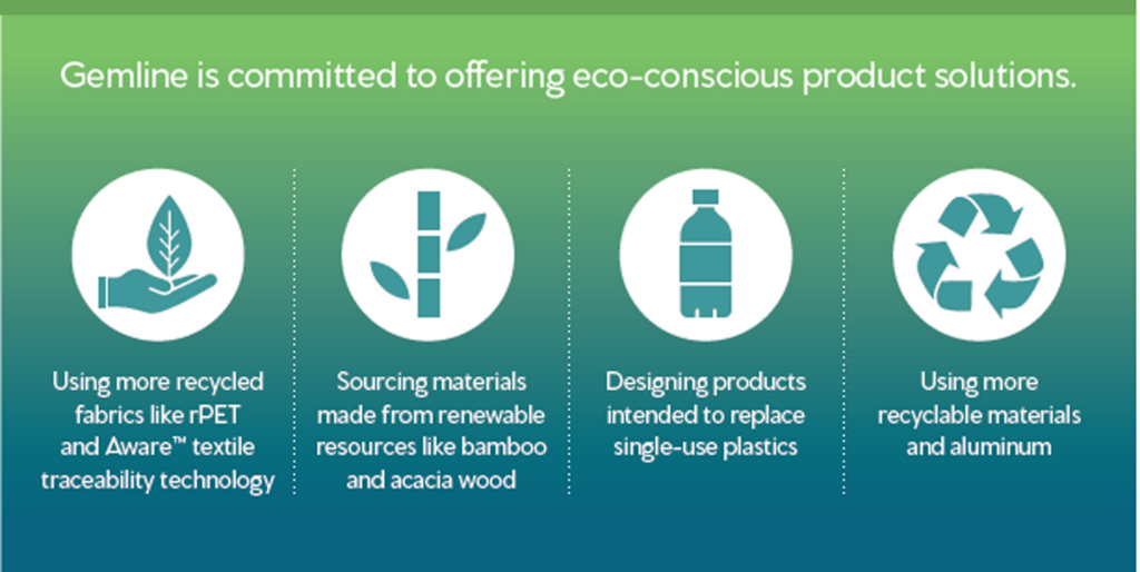 Gemline is committed to off ering eco-conscious product solutions.
Using more recycled
fabrics like rPET
and Aware™ textile
traceability technology

Sourcing materials
made from renewable
resources like bamboo
and acacia wood

Designing products
intended to replace
single-use plastics

Using more
recyclable materials
and aluminum