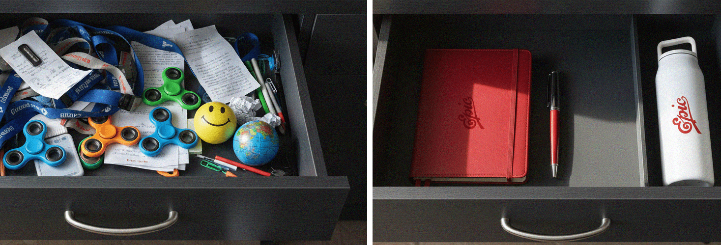 Ai generated image of a junk drawer of random cheap give aways vs a clean drawer with a notebook pen and water bottle.