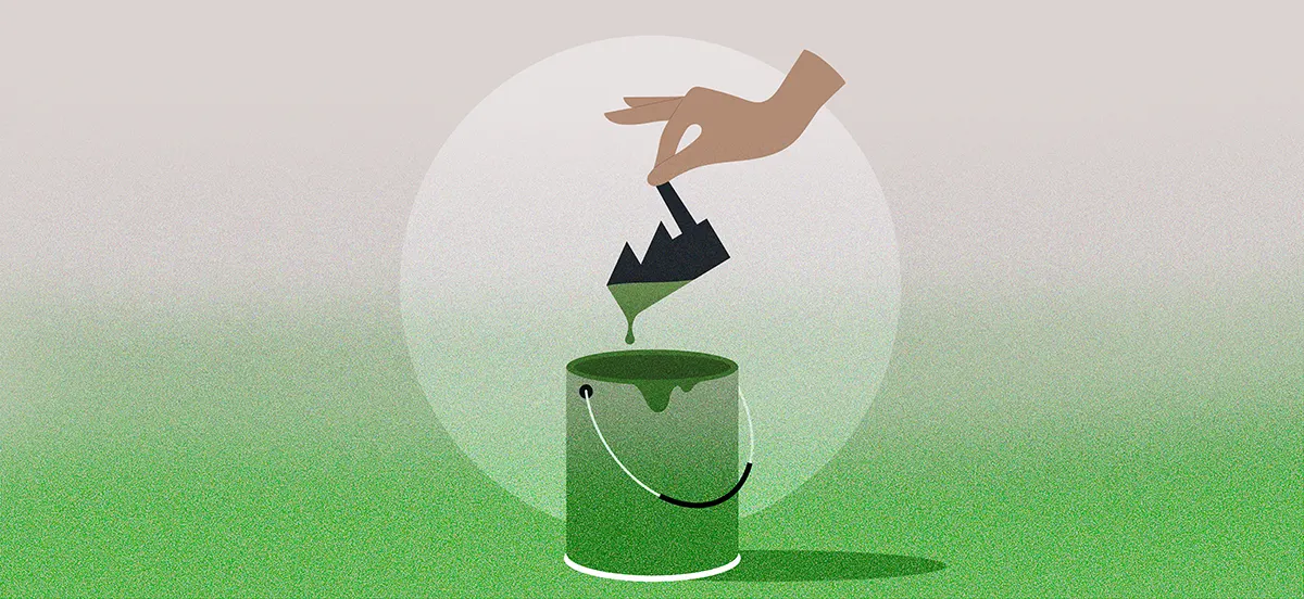 illustration of a hand dipping an icon of an industrial building in tot a can of green paint symbolizing green washing