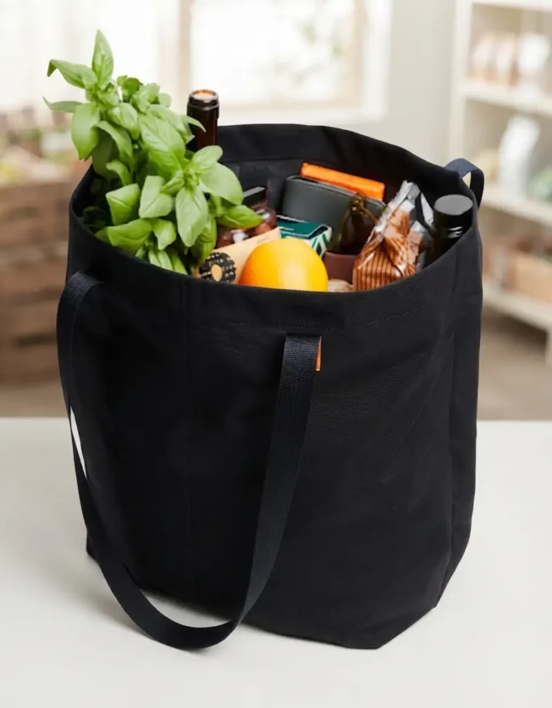black totebag with groceries