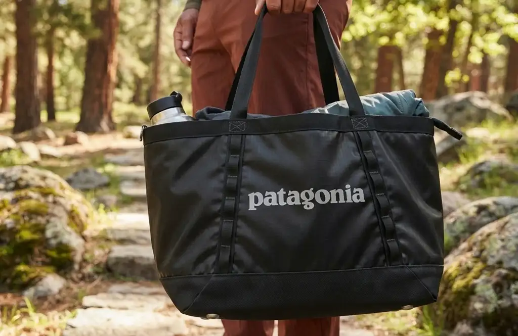 man standing on a stone trail holding a patagonia tote bag - he's surrounded by trees and rocks