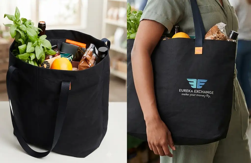 A side-by-side image of a black reusable market tote filled with groceries, including fresh basil, citrus, snacks, and bottled beverages. The left image shows the open tote standing on a countertop, while the right image shows a person carrying the branded tote over their shoulder, highlighting its spacious size and everyday portability.