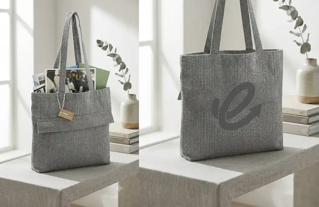 A side-by-side image of a gray herringbone-pattern tote bag displayed on a tabletop in a bright, modern setting. The left image shows the tote with an open top, front pocket, and magazines inside, while the right image highlights the reverse side featuring a large printed logo. Decorative books and a ceramic vase with eucalyptus branches create a clean, minimalist backdrop.