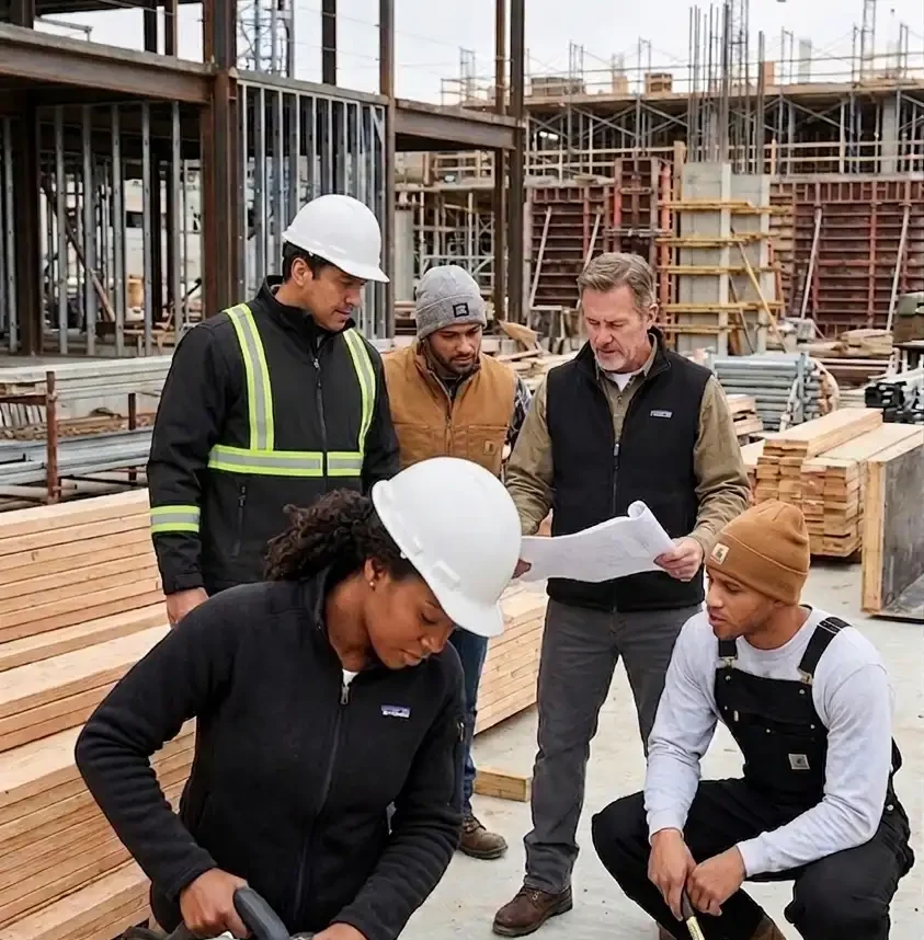 A group of workers on a construction site gather