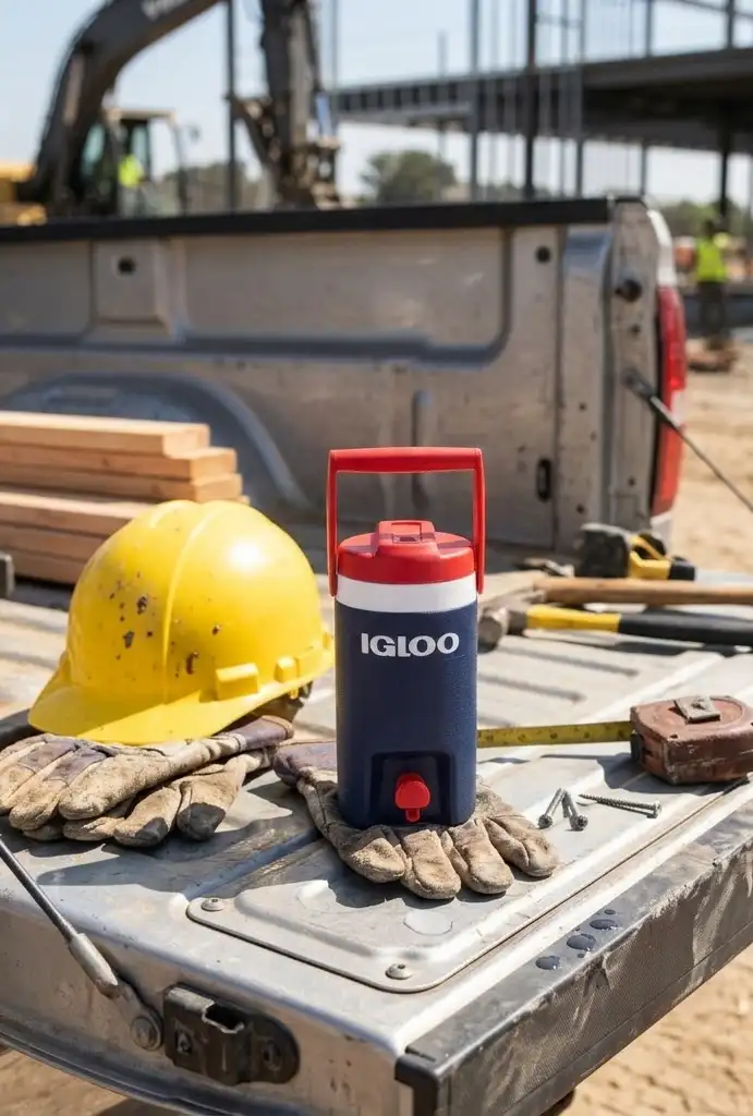 Construction yard with an open truck bed with tools and an Igloo party jug
