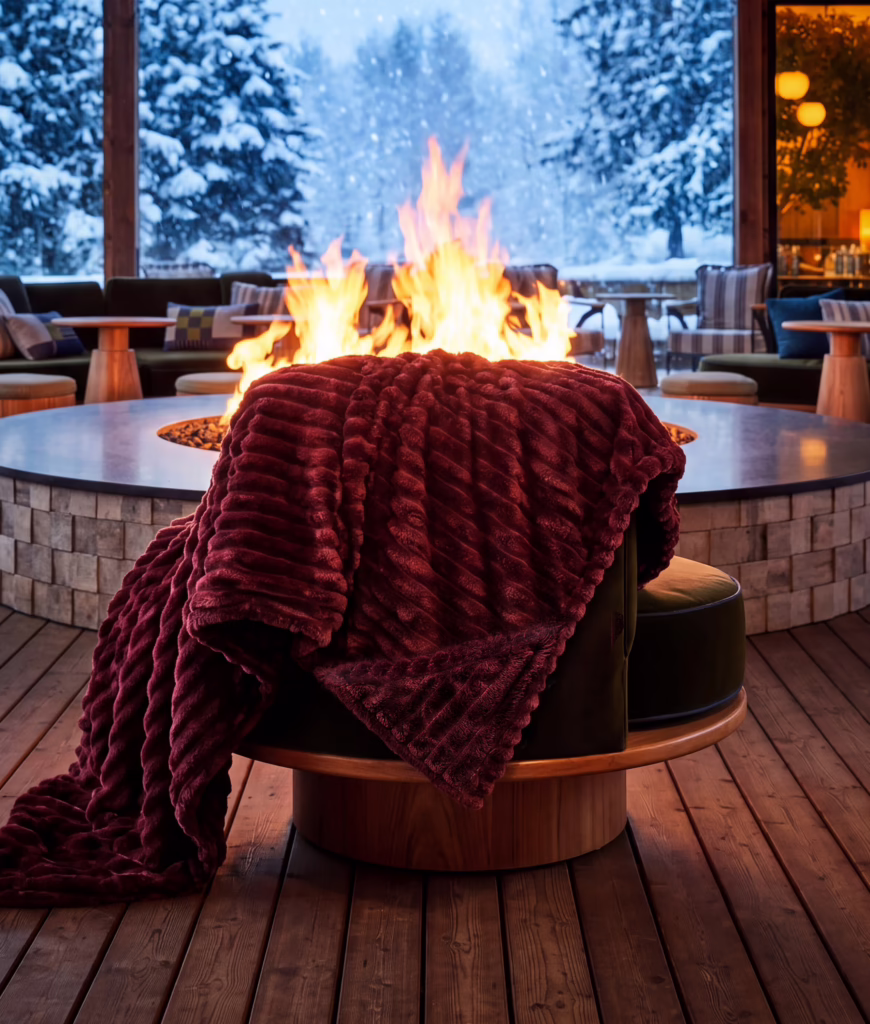 faux fur blanket on a chair in a ski villa indoor setting by a fire