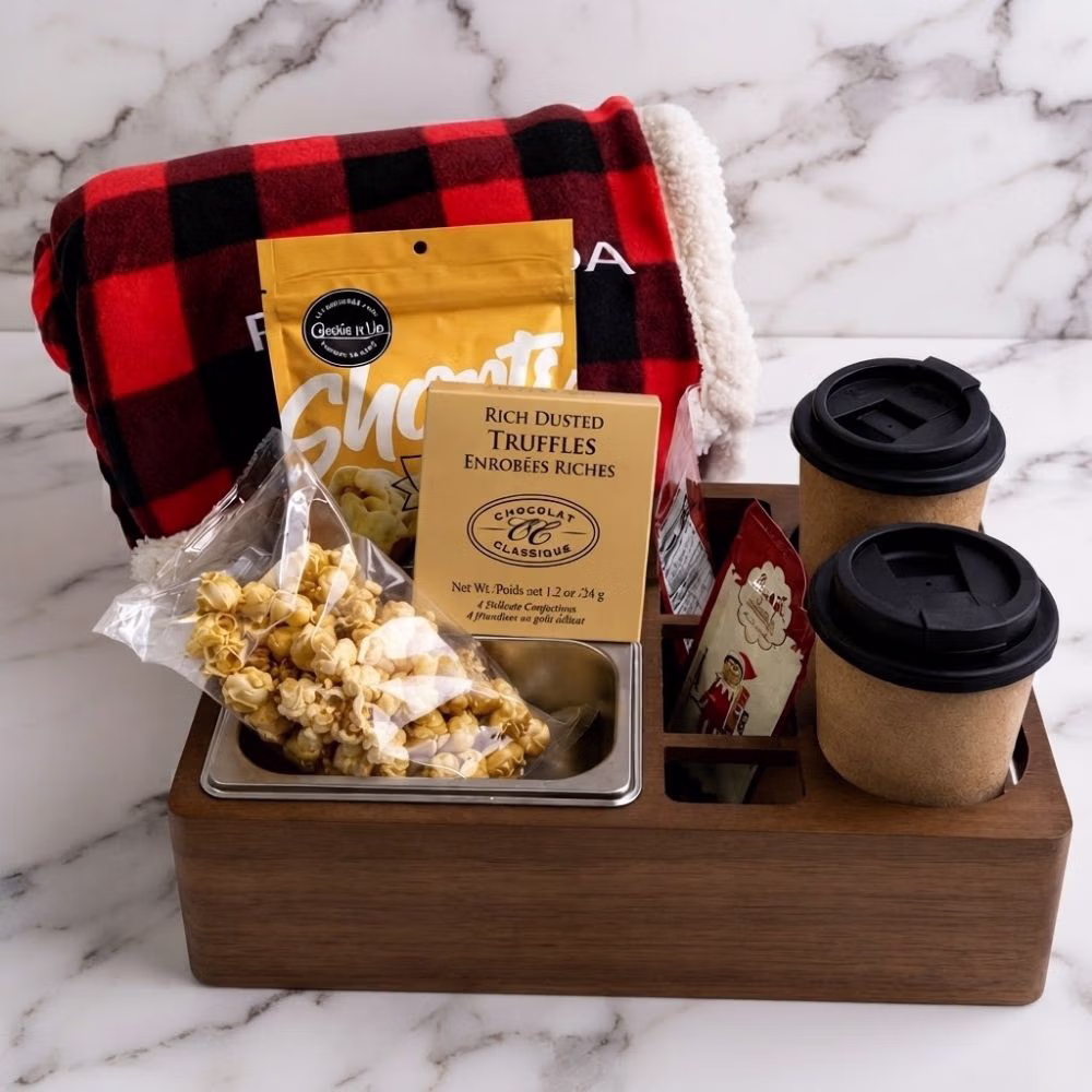 variety of snacks with a snack tray and two corky mugs